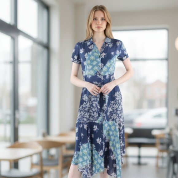 NWT NANETTE LEPORE Nanette Printed Crepe Chiffon Midi Dress In Blue - Picture 1 of 9
